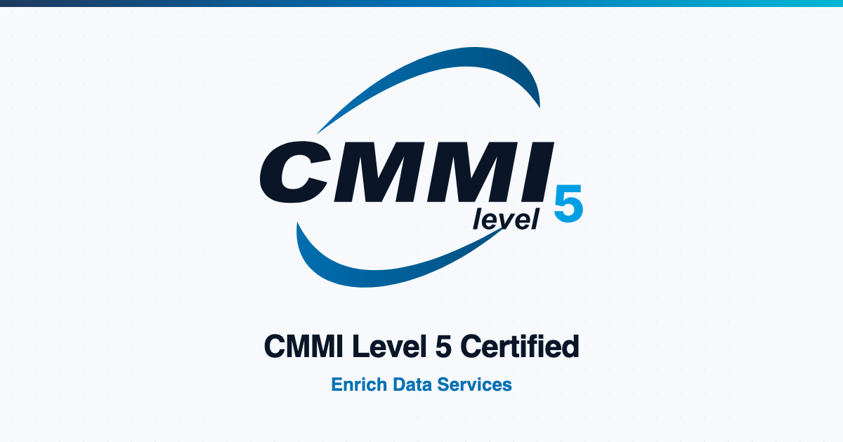 CMMI Level 5 certification badge on Enrich brand card
